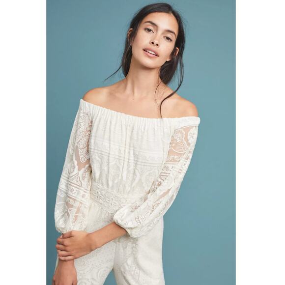 Farm Rio Elliot Off The Shoulder Lace Cream Boho Jumpsuit Size XS - Picture 5 of 13